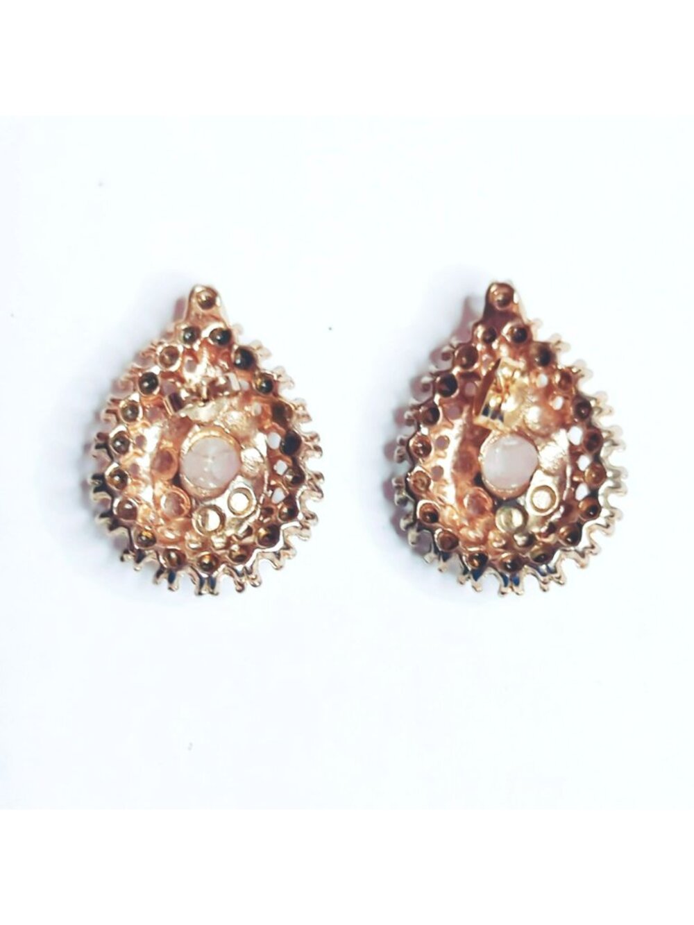 Pink Teardrop Cabochon Rhinestone Halo Earrings Gold Tone Vintage - Picture 3 of 5